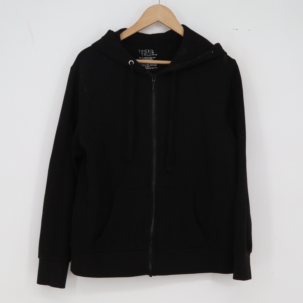 Time and Tru Hoodie Women L Black Soot Zip Up Pocket Good